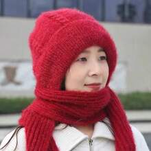 1pc Women's Autumn/Winter Thermal Lined Knit Hat With Scarf, Thick Warm Ear-Protective Beanie - Multicolor - View 8