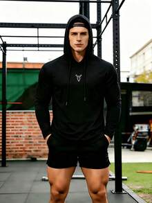 Men's Sports Hoodie Sweatshirt, Printed Long Sleeve Drawstring Hooded Top For Outdoor Fitness, Running, Training And Casual Wear - Black - View 1