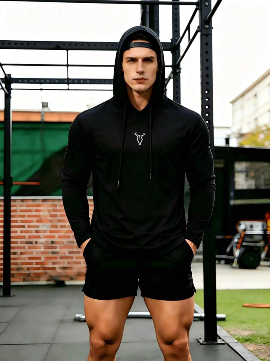 Men's Sports Hoodie Sweatshirt, Printed Long Sleeve Drawstring Hooded Top For Outdoor Fitness, Running, Training And Casual Wear - Black - View 1