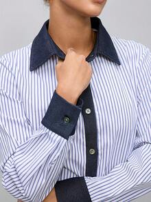 Women's Spring/Autumn New Casual Commute Front Button Striped Long Sleeve Shirt Suitable For Office - Blue - View 4