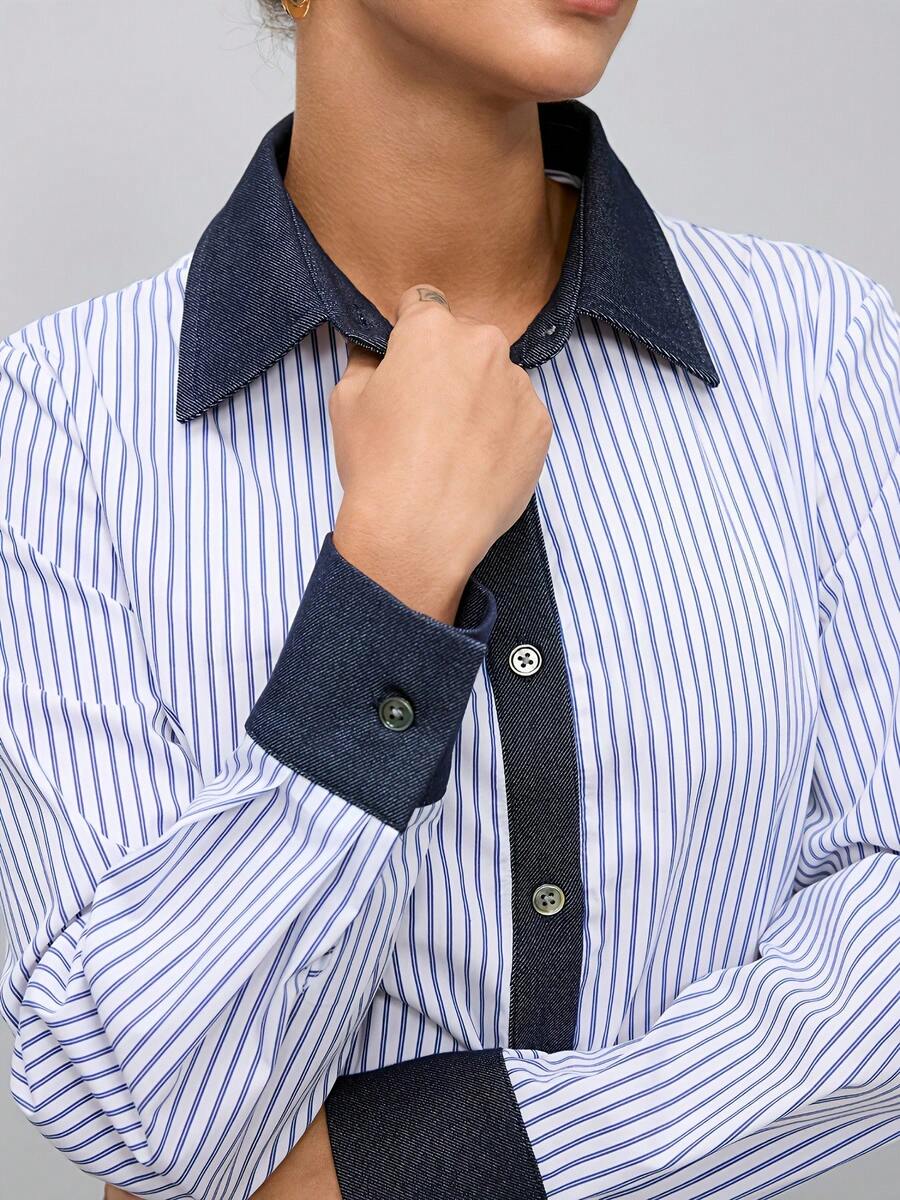 Women's Spring/Autumn New Casual Commute Front Button Striped Long Sleeve Shirt Suitable For Office - Blue - View 1