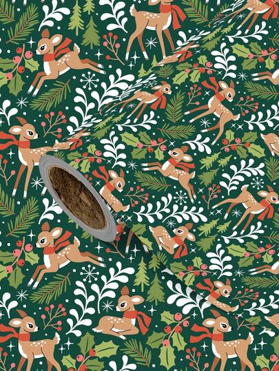 1 Roll Christmas Gift Wrapping Paper, Pattern Of Christmas Reindeer, Red Berries And Pine Branches; Made Of Coated Paper; Size: 43cm X 300cm; Suitable For Gift Wrapping, Party Decoration, Holiday Gifts And Christmas Crafts.