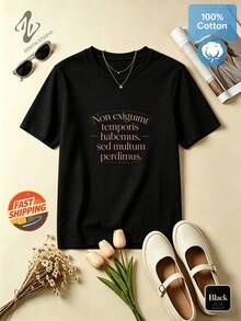 Time Philosophy Simple Retro Pure Cotton Classic Short Sentence Print Women's Short Sleeve Daily Streetwear Spring/Summer - 黑色 - 查看 2