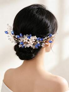 1pc Vintage Elegant Royal Blue Crystal Pearl Floral Branch Hair Comb Bridal Headpiece - Blue - View 1