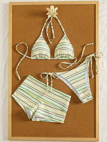 Set Baju Renang Bergaris 3 Potong - Atasan Halter yang Menarik dan Bawahan Renang Pinggang Rendah, Sempurna untuk Liburan Pantai Musim Panas - MultiWarna - View 5