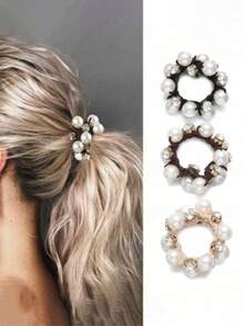 3pcs Minimalist Korean Style Elegant Pearl Rhinestone Hair Ties, High Ponytail Hair Bands, Suitable For Women's Daily Wear - Multicolor - View 5