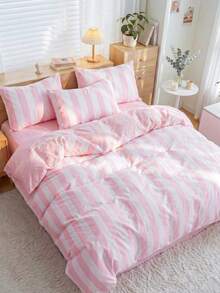2/3 Piece Bedding Set, Home Textiles, Minimalist Style, Pink And White Striped, Comfortable And Breathable Bedding Set, Soft And Anti-Pilling, Without Comforter, Suitable For All Sizes Of Large And Small Beds, All Season, Indoor Decoration - Multicolor - View 6