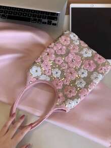 日韓風 INS 個性化馬卡龍色亮片花卉手提包，甜美通勤時尚精緻高端小包 - 粉色 - 查看 5