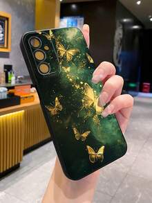 1pc Green Background Gold Butterfly Camera Anti-Drop Phone Case UV Printed Suitable For Samsung/Galaxy/ Android Models - Black - View 4