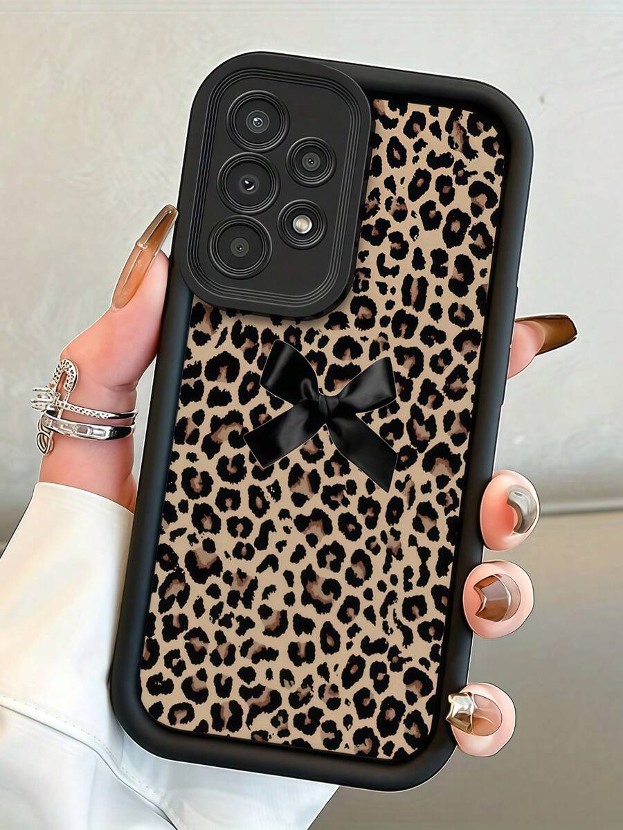 1 buah Casing Ponsel Motif Pita Leopard, Bingkai Kulit Hitam, Pelindung TPU Lembut Tahan Guncangan, Kompatibel dengan Ponsel GALAXY, HONOR, - Hitam - View 1