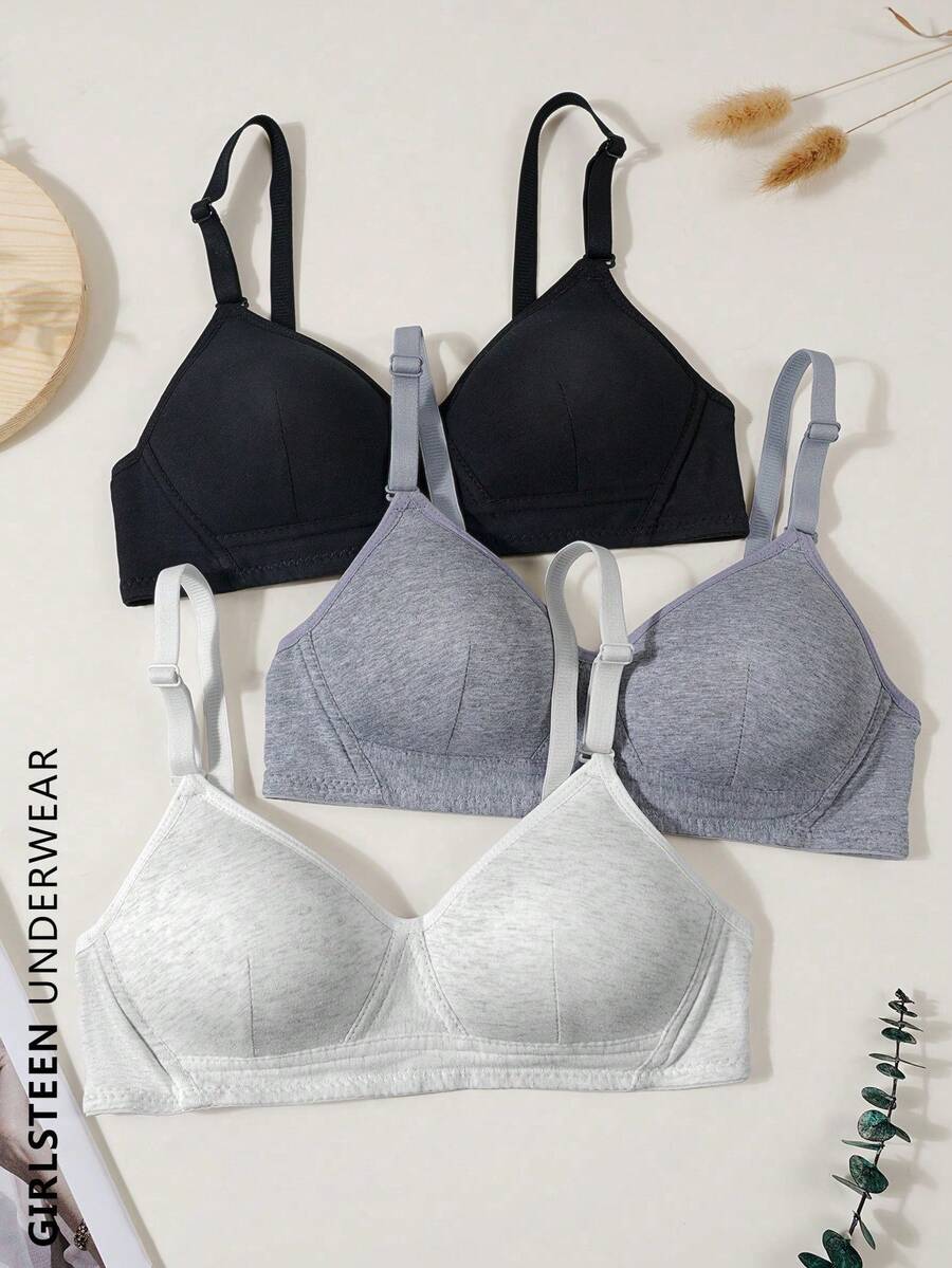 3pcs/Set Teen Girls' Textured Bras, Comfortable & Minimalist Bras Suitable For 13-16 Years Old Girls - Multicolor - View 1