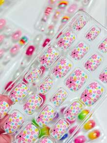 (192pcs, 8 Boxes) Children's Acrylic Full Coverage Glitter Cute Spring/Summer Pineapple, Unicorn, Penguin, Flamingo, Rainbow, Heart Short Press-On Nail Set - Multicolor - View 3