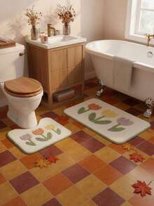 1/3 Set Floral Pattern Bathroom Rug Set, Includes U-Shaped Toilet Mat And Super Absorbent Microfiber Faux Cashmere Material Printed Bathroom Mat, With Non-Slip Bottom, Machine Washable, Soft And Warm Bathroom Carpet, Home Bathroom Decor, Outdoor Carpet Door Mat, Autumn Decor, Holiday Decor, Bathroom Accessories Back To School Entrance Decor - Small White Flowers - View 3