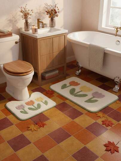1/3 Set Floral Pattern Bathroom Rug Set, Includes U-Shaped Toilet Mat And Super Absorbent Microfiber Faux Cashmere Material Printed Bathroom Mat, With Non-Slip Bottom, Machine Washable, Soft And Warm Bathroom Carpet, Home Bathroom Decor, Outdoor Carpet Door Mat, Autumn Decor, Holiday Decor, Bathroom Accessories Back To School Entrance Decor