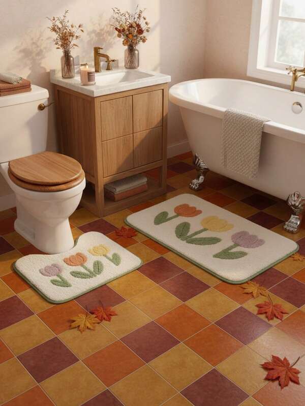 1/3 Set Badezimmerteppich mit Blumenmuster, enthält Duschmatte, U-förmige Toilettenmatte und super saugfähige Mikrofaser-Plüsch-Badezimmerteppich, rutschfest, maschinenwaschbar, weich und warm, Badezimmerteppich, Heimdekoration, Outdoor-Teppich, Türvorleger, Herbstdekoration, Badezimmerzubehör, Schulanfang-Eingangsdekoration