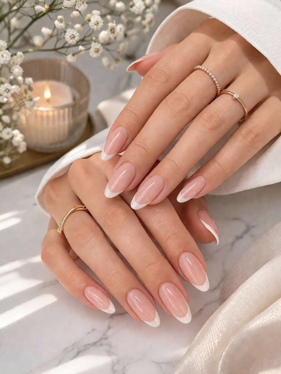 24pcs Long Almond Shape Cream White Gradient French Nail Tips, Acrylic Fake Nails Set, Includes 1pc Jelly Glue And 1pc Nail File