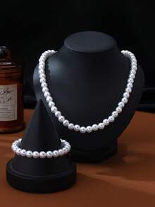 2pcs/Set Minimalist Fashion Faux Pearl Beaded Necklace & Bracelet Set, Versatile For Women's Daily Commute, Vacation, Party - Imitation Pearl Necklace Bracelet - View 4
