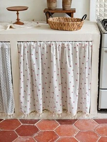 1pc Floral Cotton Kitchen Short Curtain/Cafe Curtain, Without Curtain Rod, Vintage Pastoral Romantic Daisy Pattern Semi-Sheer Beige Tassel Curtain, Cafe Country Farmhouse Kitchen Half Curtain - Multicolor - View 19