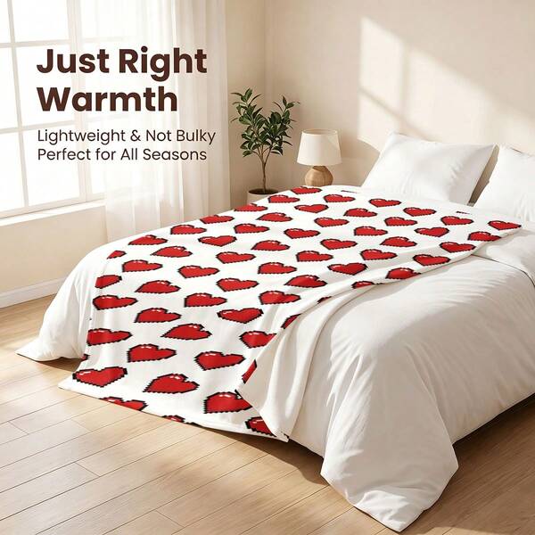Pure White Background Pixel Heart Flannel Blanket, Soft And Skin-Friendly Flannel Fleece Blanket-Vibrant Colors, Comfortable Blanket, Suitable For Bedroom, Living Room, Camping And Office