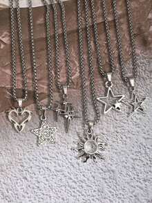 6pcs/1pc Men's & Women's Vintage Gothic Hip Hop Star Flame Spiral Sun Heart Pendant Stainless Steel Chain Necklace Set, Includes 6 Mixed European Baroque Cross Pendant Necklaces, Suitable For Christmas, New Year, Valentine's Day And Other Holidays - Silver - View 8