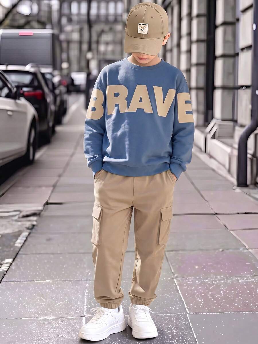 Tween Boys' Spring/Autumn Casual Knit 2-Piece Set, Blue Large Letter Print Crew Neck Sweatshirt And Khaki Cargo Pants With Side Pockets And Cuffed Hem - Blue - View 1