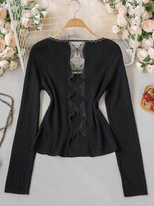 Autumn/Winter Korean Sweet Casual Style Butterfly Backless Knit Sweater Women's Large Scoop Neck Contrast Color Slim Fit Base Layer Top, New Black - Black - View 10
