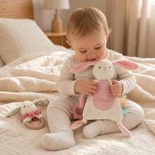 2pcs Cute Rabbit Baby Soothing Toy Set, Soft Plush Rabbit Comfort Blanket And Wooden Ring Rabbit Rattle, Baby Sensory Soothing Toys, Perfect Gift For Newborn Baptism - Multicolor - View 6