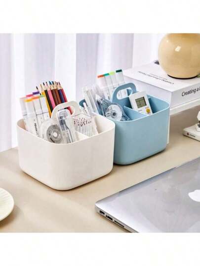 1 pieza Caja de almacenamiento de escritorio portátil y apilable con divisiones, organizador de cosméticos para sombras de ojos, brochas de maquillaje, cuidado de la piel, soporte para bolígrafos de papelería, adecuado para baño, dormitorio, oficina, dormitorio, esencial para volver a la escuela, organizador de escritorio