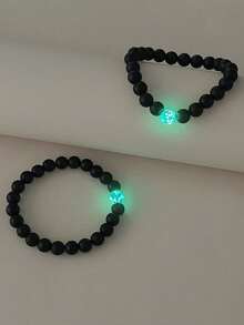 2pcs/Set Glow-In-The-Dark Black Bead Couple Friendship Family Bracelet Set, Casual Jewelry For Daily Wear And Holiday Gift - Multicolor - View 6