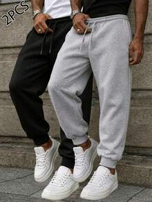 2 piezas Pantalones deportivos casuales para hombres, pantalones de chándal con cintura con cordón y puños elásticos - Multicolor - Ver 2