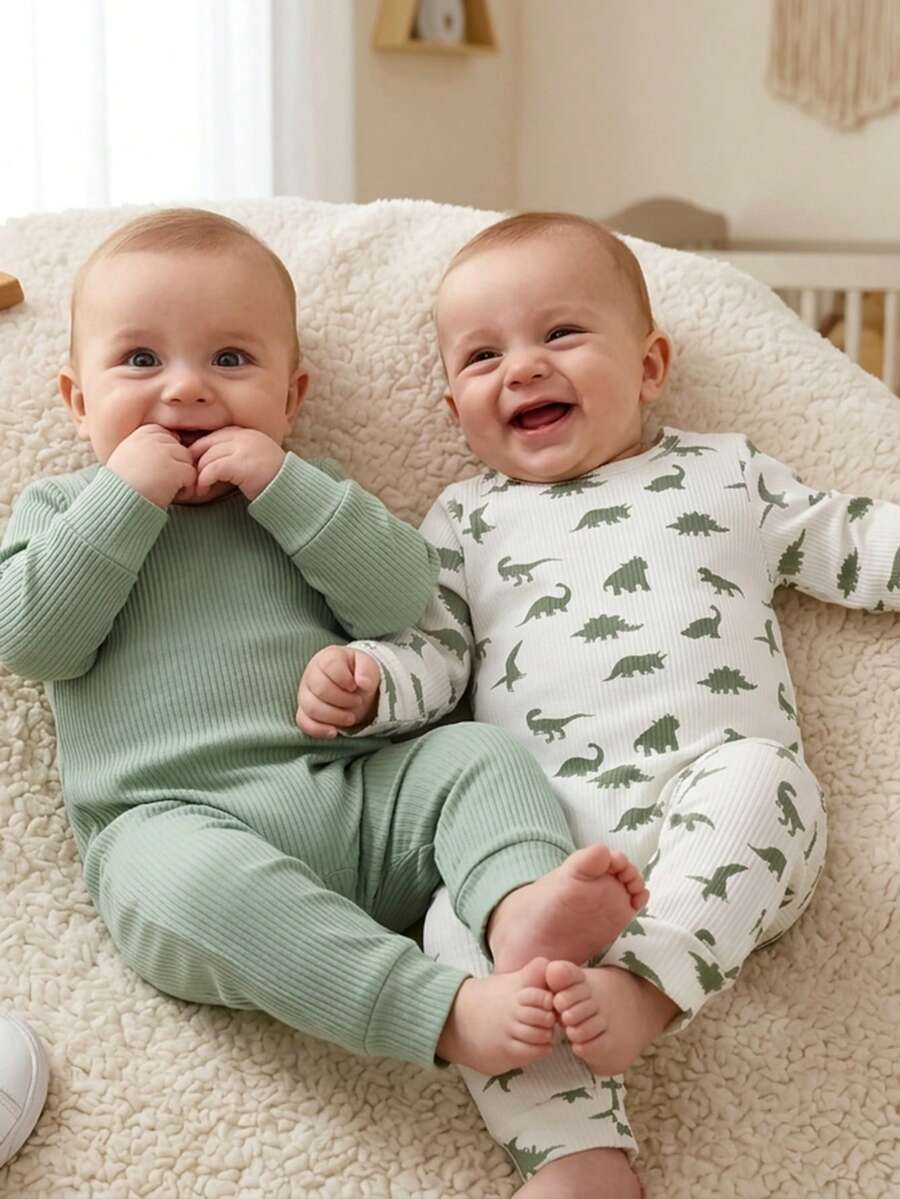 2pcs/Set Baby Boy Autumn Rompers, Green + Beige Dinosaur Print Long Sleeve Long Pants Bodysuit, Newborn Simple Fun Cute Baby Clothes, Suitable For Outdoor, Casual, Gathering, Party, Holiday Gift - Multicolor - View 1