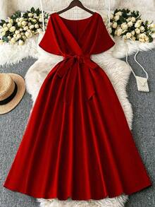 Rometta Vestido elegante de talla grande de unicolor con cinturón cruzado a la cintura, apto para el verano - Rojo - Ver 7