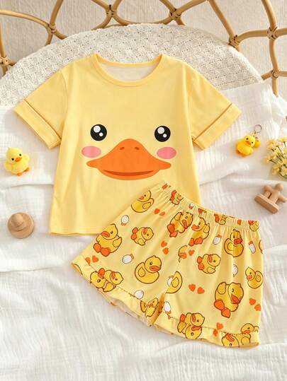 Conjunto de pijama de 2 piezas para niña preadolescente, top de cuello redondo con estampado de patito y shorts con bajo con volantes, estilo casual fresco y lindo, resistente a las llamas, para todas las estaciones, para niños y niñas