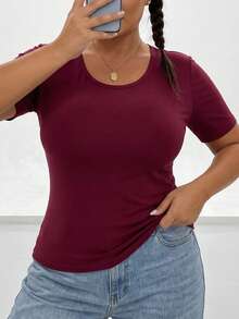 Women's Plus Size 2-In-1 Short Sleeve T-Shirt Solid Activewear Top With Built-In Support - Burgundy - View 6