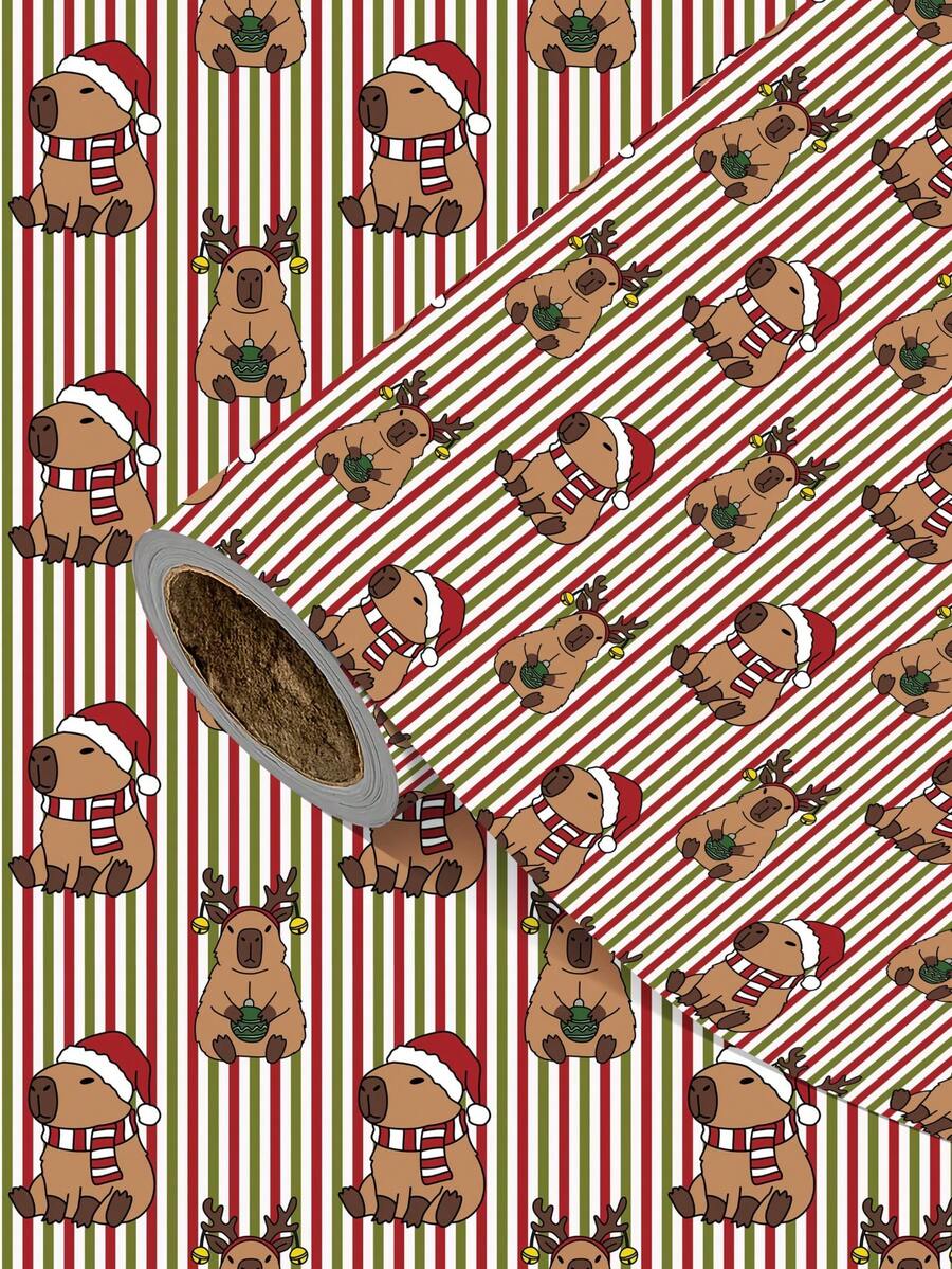 2/1 Roll Christmas Gift Wrapping Paper, Christmas Capybara Theme Design ...