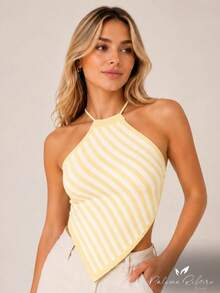 Top Lenço Feminino Tricot Amarração Nas Costas Elegante Listrado Tricô Moda Verão - Azul/Off - Visão 7