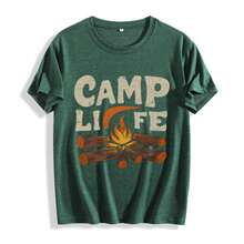 Women's Camp Themed T-Shirt - CAMP LIFE Lettering & Campfire Print With Logs & Marshmallow Design - Casual Round Neck Short Sleeve Outdoor Tee - 墨綠色 - 查看 1