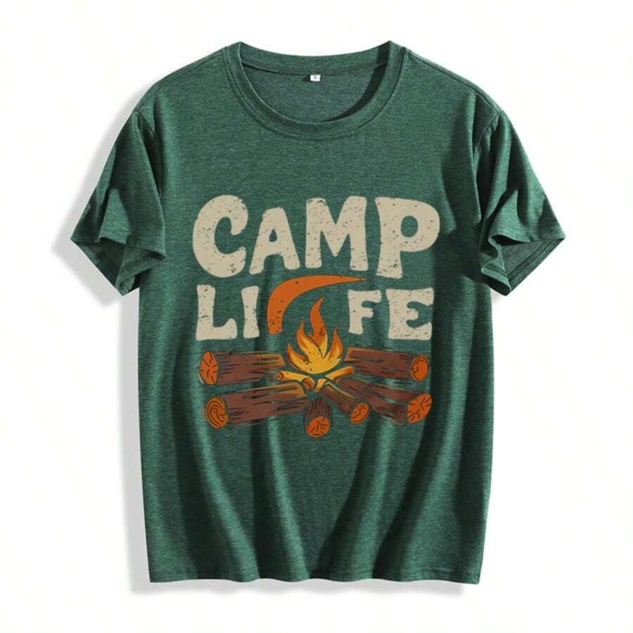 Women's Camp Themed T-Shirt - CAMP LIFE Lettering & Campfire Print With Logs & Marshmallow Design - Casual Round Neck Short Sleeve Outdoor Tee - 墨綠色 - 查看 1