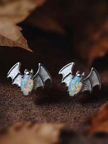 1 Pair Vintage Punk Style Bat Design Oval Faux Opal Stud Earrings, Suitable For Women's Halloween, Party, Travel Jewelry Gift - Antique Silver - View 1