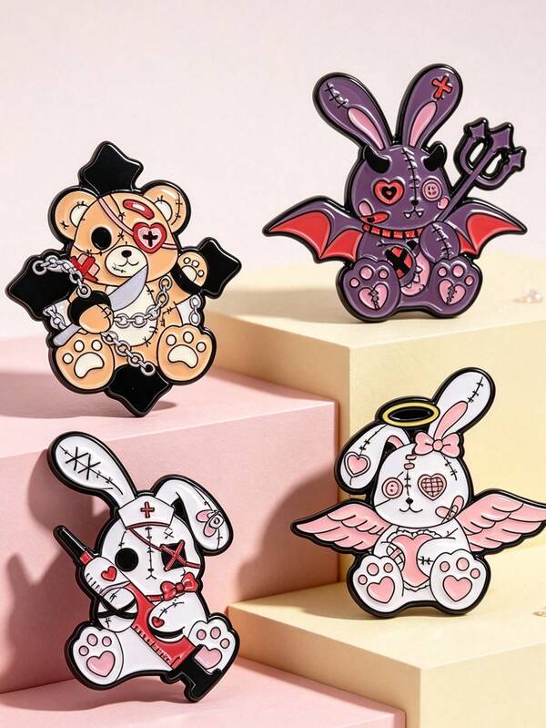 4pcs/Set Cartoon Dark Style Doll Pattern Brooch, Fun Metal Enamel Pin, Creative Decorative Lapel Pin For Backpacks