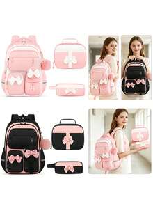 4pcs Bowknot Girls Backpack, Handbag, Coin Purse, Pencil Case, Travel School Daily Use Backpack, Back To School Gift - A - View 1