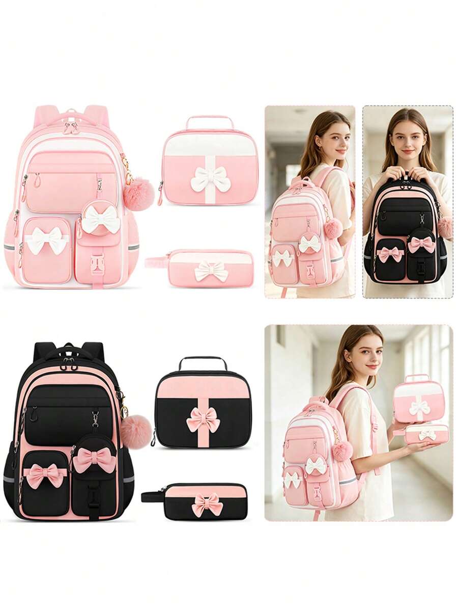 4pcs Bowknot Girls Backpack, Handbag, Coin Purse, Pencil Case, Travel School Daily Use Backpack, Back To School Gift - A - View 1
