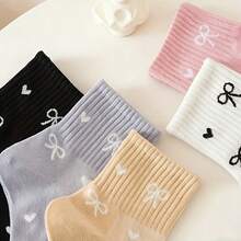 5 Pairs Women's Mid-Calf Socks - Bow & Heart Multi-Color Breathable Versatile Valentine's Day Couple Socks, Suitable For All Seasons - Multicolor - View 6