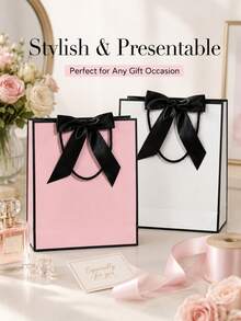1 peça/2 peças/6 peças 2 Estilos Sacolas de Presente de Papel Rosa e Branco com Laço de Fita Preta e Alças de Corda, Sacolas de Compras Elegantes e Minimalistas para Aniversário, Casamento, Chá de Panela, Formatura, Feriado, Roupas, Cosméticos e Embalagem de Presentes, Sacolas Reutilizáveis - Bolsa tote com laço - Visão 4