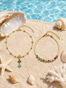 2 Peças Conjunto de Corrente de Pé de Dupla Camada Resort à Beira-Mar, Banhado a Ouro 18K em Aço Inoxidável, Cor Premium, Diamante, Corrente de Pé da Moda Feminina - Ouro 3 - Visão 2