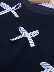 BASUSARRI Young Girl Striped Pleated Skirt, Round Neck Sweatshirt Long Sleeve Ribbed Cuff Bow Decor Top, 2pcs Set, Autumn/Winter - Royal Blue - View 6