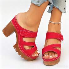 Women Cut‑Out Platform Mule Sandals,Hook And Loop Strap Chunky Block Heel Slip‑On Shoes,Red - Red - View 9