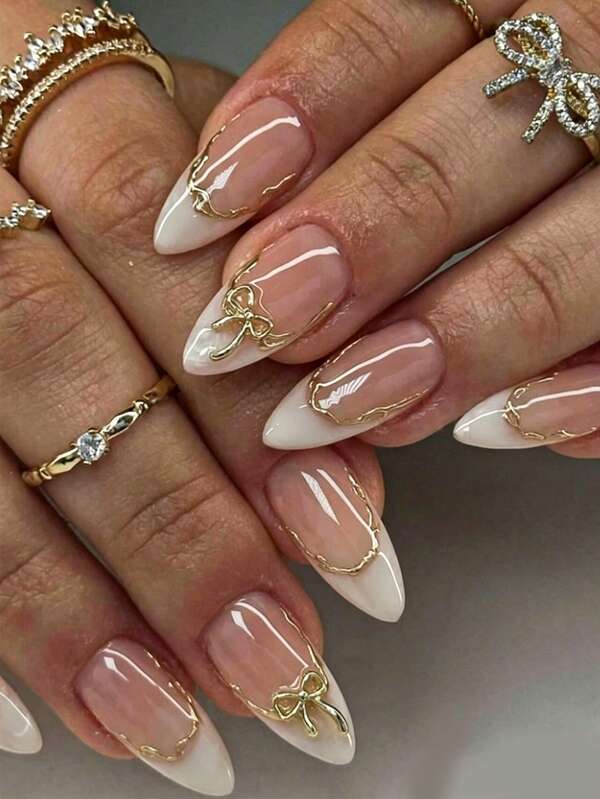 10pcs Handmade Vine Gold Edge Silver White Spiral Painted Cute Luxury Bow Spring Fresh Style Nail Stickers Wearable Nails Elegant Pearl French Manicure High Gloss High-End Minimalist Vacation Style Cute Hot Girl Nails