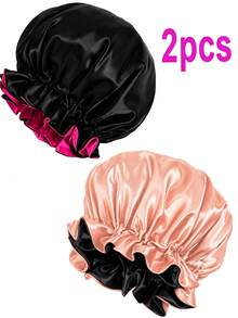 CONFLASS 2/1 Stück elegante atmungsaktive Satin-Schlafmütze, elastische Duschhaube, doppellagiger Rüschenrand, Damen-Seidensatin-Schlafmütze, Damen-Accessoire für die Schulanfang-Saison - Schwarz - Übersicht 13