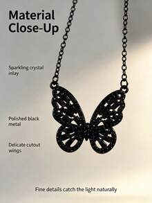 1pc Black Enamel Butterfly Pendant Necklace, Delicate Black Chain, Suitable For Commute, Party And Various Occasions - Black - View 1